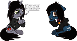 Size: 2175x1164 | Tagged: safe, artist:lightningbolt, derpibooru exclusive, derpibooru import, pony, undead, unicorn, zombie, zombie pony, .svg available, bags under eyes, bone, bring me the horizon, clothes, dialogue, disguise, disguised siren, duo, duo male, ears back, fangs, gay, hoodie, hooves together, horn, jewelry, kellin quinn, lidded eyes, long sleeves, male, necklace, oliver sykes, open mouth, ponified, scar, shipping, shirt, simple background, sitting, sleeping with sirens, slit eyes, smiling, smirk, species swap, stallion, stitches, svg, t-shirt, talking, tattoo, torn ear, transparent background, vector