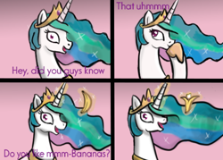 Size: 504x360 | Tagged: safe, artist:turbosolid, derpibooru import, princess celestia, alicorn, pony, banana, bust, comic, do you like bananas?, female, food, levitation, magic, mare, meme, open mouth, open smile, ponified, ponified meme, smiling, telekinesis, time to oil up