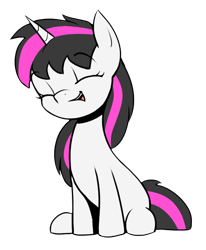 Size: 510x618 | Tagged: safe, artist:ahobobo, derpibooru import, oc, oc only, oc:quick strike, pony, unicorn, eyes closed, female, mare, simple background, sitting, smiling, solo, transparent background