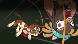 Size: 2001x1125 | Tagged: safe, derpibooru import, screencap, arizona cow, shanty goat, cow, goat, them's fightin' herds, bovine, community related, funny face, game screencap, lasso, rope, the goat