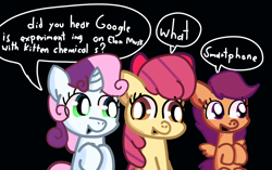 Size: 2552x1606 | Tagged: safe, artist:just loq, derpibooru import, apple bloom, scootaloo, sweetie belle, earth pony, pegasus, pony, unicorn, adorabloom, black background, bow, cellphone, cute, cutealoo, cutie mark crusaders, derp, dialogue, diasweetes, google experimenting on elon musk with kitten chemicals, meme, phone, shitposting, simple background, smartphone, speech bubble, text, wat