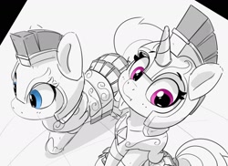 Size: 1852x1345 | Tagged: safe, artist:pabbley, derpibooru import, earth pony, pony, unicorn, armor, cute, duo, female, grayscale, guardsmare, helmet, high angle, mare, monochrome, partial color, royal guard, sitting
