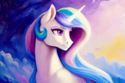 Size: 1920x1280 | Tagged: safe, derpibooru exclusive, derpibooru import, editor:dovakkins, generator:stable diffusion, machine learning generated, princess celestia, alicorn, pony, beautiful, cloud, cloudy, female, jewelry, long mane, majestic, mare, missing accessory, peytral, regalia, smiling, solo