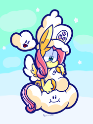 Size: 1536x2048 | Tagged: safe, artist:derp-rose, derpibooru import, fluttershy, pegasus, pony, cloud, cute, female, hat, mare, on a cloud, shyabetes, sitting, sitting on cloud, solo