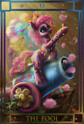 Size: 1581x2343 | Tagged: safe, artist:polnocnykot, derpibooru import, gummy, pinkie pie, alligator, crocodile, earth pony, pony, april fools, balloon, beads, blue eyes, bracelet, bunting, cake, candle, candy, cannon, cliff, colored, confetti, cotton candy, cute, danger, decoration, duo, duo male and female, ear piercing, female, female focus, food, funny, gummy bear, happy, hat, holiday, jewelry, male, mare, necklace, open mouth, party, party cannon, party hat, party horn, pet, piercing, playing card, shiny, shooting, sitting, slinky, smiling, solo focus, tail, tarot, tarot card, teeth, the fool, thread, toy
