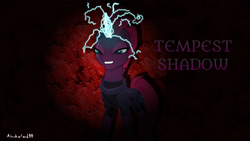 Size: 1920x1080 | Tagged: safe, artist:ahsokafan100, artist:cheezedoodle96, derpibooru import, edit, tempest shadow, pony, unicorn, my little pony: the movie, armor, broken horn, eye scar, facial scar, female, glowing, glowing horn, gritted teeth, horn, mare, scar, solo, sparks, teeth, text, wallpaper, wallpaper edit