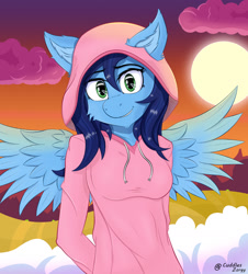 Size: 1440x1596 | Tagged: safe, artist:zorgycuddles, derpibooru import, oc, oc only, oc:zorgy cuddles, anthro, pegasus, clothes, hands behind back, hoodie, looking at you, shy, sky, solo, spread wings, sunset, wings