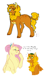 Size: 3096x5125 | Tagged: safe, artist:brushielovesu, derpibooru import, fluttershy, oc, oc:mimosa, frog, pegasus, pony, blush sticker, blushing, dialogue, duo, female, foal, grin, interspecies offspring, kirin hybrid, magical lesbian spawn, male, mother and child, mother and son, offspring, older, older fluttershy, parent and child, parent:autumn blaze, parent:fluttershy, parents:autumnshy, pet, pet oc, simple background, smiling, white background