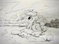 Size: 3280x2460 | Tagged: safe, artist:widelake, derpibooru import, pinkie pie, rainbow dash, earth pony, pegasus, beach, beach ball, duo, female, pencil drawing, traditional art