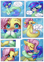 Size: 3508x4961 | Tagged: safe, artist:chaosangeldesu, derpibooru import, fluttershy, oc, oc:star breeze, seapony (g4), blushing, canon x oc, comic, commission, cute, dialogue, female, hug, lesbian, mare, seaponified, seapony fluttershy, shipping, smiling, species swap, underwater, water