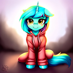 Size: 2048x2048 | Tagged: safe, derpibooru import, generator:purplesmart.ai, generator:stable diffusion, machine learning generated, lyra heartstrings, pony, unicorn, clothes, cute, female, front view, hoodie, looking at you, lyrabetes, mare, sitting, smiling, solo