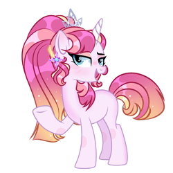 Size: 2048x2048 | Tagged: safe, artist:harmonyvitality-yt, derpibooru import, oc, oc only, pony, unicorn, base used, ethereal mane, eyelashes, female, horn, jewelry, magical threesome spawn, mare, multiple parents, offspring, parent:princess cadance, parent:shining armor, parent:twilight sparkle, raised hoof, raised leg, simple background, smiling, solo, starry mane, tiara, transparent background, underhoof, unicorn oc