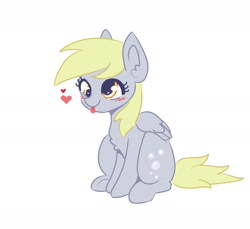 Size: 2027x1858 | Tagged: safe, artist:purinbee, derpibooru import, derpy hooves, pegasus, pony, blushing, female, heart, mare, simple background, sitting, solo, tongue, tongue out, white background