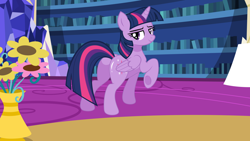 Size: 1316x740 | Tagged: safe, artist:mlpfan3991, derpibooru import, twilight sparkle, twilight sparkle (alicorn), alicorn, pony, bedroom eyes, butt, butt tail, female, flower, library, looking at you, looking back, looking back at you, mare, plot, pose, raised hoof, raised leg, sexy, smiling, solo, twibutt, twilight's castle, twilight's castle library, underhoof, vase