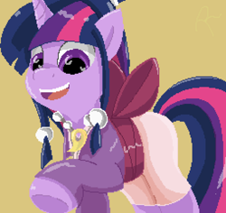 Size: 2000x1890 | Tagged: safe, artist:reinbou, derpibooru import, twilight sparkle, unicorn twilight, pony, unicorn, ace attorney, jewelry, maya fey, necklace, pixel art, simple background, solo, yellow background