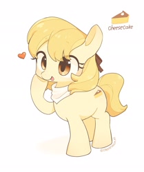 Size: 1713x2048 | Tagged: safe, artist:cheesesauce_45, derpibooru import, oc, oc only, oc:cheesecake, earth pony, pony, cute, earth pony oc, female, floating heart, heart, mare, name, ocbetes, open mouth, open smile, signature, simple background, smiling, solo, white background