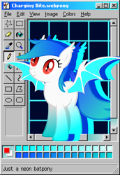 Size: 3095x4500 | Tagged: safe, artist:equestrian_pony, derpibooru import, oc, oc only, oc:charging bite, bat pony, pony, gradient, gradient hooves, gradient mane, gradient tail, microsoft, microsoft windows, ms paint, neon, retrowave, solo, tail, windows 98