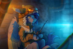 Size: 2923x1960 | Tagged: safe, artist:helmie-art, derpibooru import, oc, oc only, pegasus, pony, goggles, goggles on head, radio, sad, solo, winter outfit