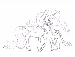 Size: 2048x1554 | Tagged: safe, artist:spectralunicorn, derpibooru import, princess celestia, twilight sparkle, twilight sparkle (alicorn), alicorn, classical unicorn, pony, black and white, cloven hooves, duo, female, grayscale, height difference, hug, leonine tail, mare, monochrome, nuzzling, one eye closed, simple background, sketch, tail, unshorn fetlocks, white background, winghug, wings