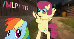 Size: 1360x711 | Tagged: safe, derpibooru import, posey shy, rainbow dash, /mlp/ tf2 general, barrel, lights, team fortress 2, text, train tracks, whip