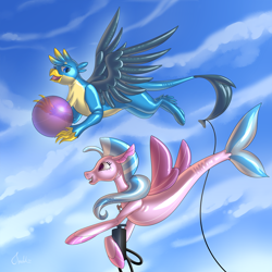 Size: 1706x1706 | Tagged: safe, artist:mekh, derpibooru import, gallus, silverstream, griffon, hippogriff, inflatable pony, air nozzle, air pump, balloon, balloon pony, clothes, cloud, commission, conversation, fetish, floating, inflatable, inflatable fetish, inflatable griffon, inflatable seapony, inflatable toy, inflation, latex, living object, living toy, pointing, pool toy, pump, rubber, see-through, shiny, sky, talking, transformation, valve