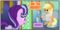 Size: 1579x803 | Tagged: safe, artist:gutovi, derpibooru import, applejack, starlight glimmer, earth pony, unicorn, bathroom, blushing, but why, cropped, dialogue, i can explain, implied pooping, newspaper, sitting, sitting on toilet, toilet