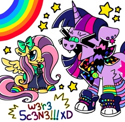 Size: 1611x1573 | Tagged: safe, artist:raystarkitty, derpibooru import, fluttershy, twilight sparkle, unicorn twilight, pegasus, pony, unicorn, :p, >.<, ><, clothes, converse, cute, duo, eyes closed, female, heart, heart eyes, mare, meme, open mouth, rainbow, scene, shoes, shyabetes, simple background, sitting, spread wings, stars, tongue, tongue out, we're emo, white background, wingding eyes, wings