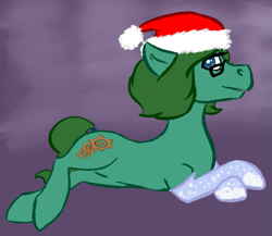 Size: 713x619 | Tagged: safe, artist:walthis, derpibooru import, oc, oc only, oc:tempus fidgets, earth pony, pony, christmas, crossed hooves, glasses, hat, holiday, looking at you, lying down, male, prone, santa hat, solo, stallion, tail