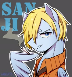 Size: 1936x2048 | Tagged: safe, artist:song_fantasy, derpibooru import, pegasus, pony, anime, cigarette, clothes, crossover, gray background, male, necktie, one piece, ponified, shirt, simple background, smoking, solo, species swap, stallion, vinsmoke sanji, wing hands, wings