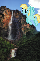 Size: 2362x3549 | Tagged: safe, artist:starryshineviolet, derpibooru import, edit, helia, pegasus, pony, g4, angel falls, female, flying, irl, looking at you, mare, photo, ponies in real life, smiling, smiling at you, solo, venezuela, water, waterfall