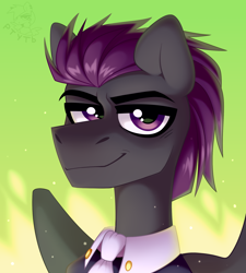 Size: 1800x2000 | Tagged: safe, artist:rtootb, derpibooru import, oc, oc only, pegasus, pony, clothes, collar, commission, costume, cute, fire, gray fur, green background, headshot commission, icon, looking at you, male, pegasus oc, purple eyes, purple hair, simple background, smiling, solo, stallion