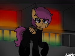 Size: 1440x1080 | Tagged: safe, artist:mistystudios1, derpibooru import, scootaloo, fanfic:rainbow factory, 2022, absentia, abstract background, black suit, bodysuit, clothes, factory scootaloo, fanfic art, female, filly, foal, folded wings, frown, liquid rainbow, raised hoof, raised leg, signature, solo, spectra, sweat, sweatdrop, wings