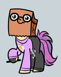 Size: 686x876 | Tagged: safe, artist:paperbagpony, derpibooru import, oc, oc only, oc:paper bag, earth pony, pony, clothes, earth pony oc, glasses, gloves, gray background, pants, simple background, solo