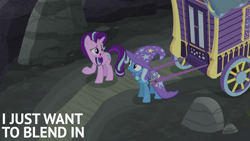 Size: 2000x1125 | Tagged: safe, derpibooru import, edit, edited screencap, editor:quoterific, screencap, starlight glimmer, trixie, to where and back again, trixie's wagon, wagon