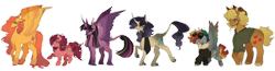 Size: 1280x333 | Tagged: safe, artist:mynameislazy, derpibooru import, applejack, fluttershy, pinkie pie, rainbow dash, rarity, twilight sparkle, twilight sparkle (alicorn), alicorn, pegasus, pony, unicorn, accessories, chest fluff, clothes, curved horn, goggles, group, horn, jacket, leonine tail, redesign, scarf, shirt, simple background, size difference, tail, transparent background