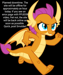 Size: 1280x1531 | Tagged: safe, artist:cloudyglow, derpibooru import, edit, smolder, dragon, black background, derpibooru, deviantart, dragoness, female, fist, meta, running, simple background, solo, text edit