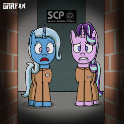 Size: 2000x2000 | Tagged: safe, artist:gradiusfanatic, artist:grafan02, derpibooru import, starlight glimmer, trixie, pony, unicorn, clothes, duo, female, prison outfit, scp, scp foundation, scp-087-b