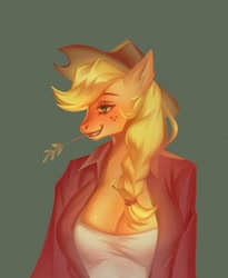 Size: 1245x1515 | Tagged: safe, artist:korinomori, derpibooru import, applejack, anthro, applerack, breasts, cleavage, clothes, female, solo