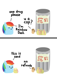 Size: 1500x2000 | Tagged: safe, artist:2merr, ponerpics import, rainbow dash, oc, oc:twosday, 2 panel comic, :), :c, bag, bamboozled, blob ponies, comic, dialogue, dot eyes, drawthread, drugs, duo, female, frown, sand, simple background, smiley face, smiling, trash can, white background