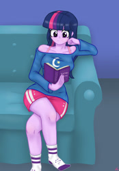 Size: 1280x1840 | Tagged: safe, artist:lennondash, derpibooru import, twilight, twilight sparkle, twilight twinkle, equestria girls, g1, book, clothes, crossed legs, cutie mark on clothes, missing shoes, reading, shirt, shorts, socks, sofa, solo, stocking feet