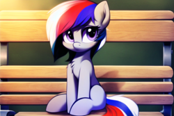 Size: 1536x1024 | Tagged: safe, derpibooru import, editor:flitter4935, generator:novelai, generator:stable diffusion, machine learning generated, oc, oc only, oc:yuupi, earth pony, bench, cute, earth pony oc, female, looking at you, sitting, solo