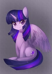 Size: 868x1228 | Tagged: safe, artist:plusplus_pony, derpibooru import, twilight sparkle, twilight sparkle (alicorn), alicorn, pony, eyebrows, eyebrows visible through hair, female, gradient background, looking at you, mare, sitting, smiling, smiling at you, solo