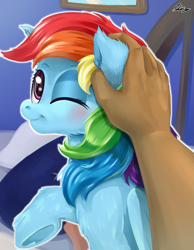 Size: 2121x2740 | Tagged: safe, artist:skikey, derpibooru import, rainbow dash, human, pegasus, pony, bed, blushing, cheek fluff, cute, dashabetes, ear fluff, ear scratch, ears, female, hand, high res, leg fluff, looking at you, looking back, looking back at you, mare, offscreen character, offscreen human, one eye closed, pov, raised hoof, raised leg, shoulder fluff, signature, smiling, smiling at you, underhoof