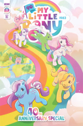Size: 2063x3131 | Tagged: safe, derpibooru import, idw, blossom, blue belle, butterscotch (g1), cotton candy (g1), minty (g1), snuzzle, earth pony, pony, g1, 40th anniversary, castle, cloud, comic cover, dream castle, female, mare, my little pony logo, official, original six, rainbow, river, sky, text, water