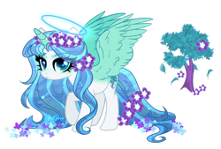 Size: 1920x1300 | Tagged: safe, artist:gloriaartist, derpibooru import, oc, oc only, alicorn, pony, female, flower, flower in hair, flower in tail, halo, magical lesbian spawn, mare, offspring, parent:fluttershy, parent:rarity, parents:flarity, simple background, solo, tail, transparent background