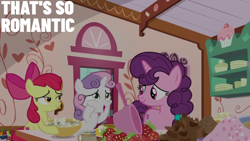 Size: 2000x1125 | Tagged: safe, derpibooru import, edit, edited screencap, editor:quoterific, screencap, apple bloom, sweetie belle, earth pony, pony, unicorn, the big mac question, food, pot, strawberry