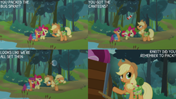 Size: 2000x1125 | Tagged: safe, derpibooru import, edit, edited screencap, editor:quoterific, screencap, apple bloom, applejack, scootaloo, earth pony, pegasus, pony, unicorn, sleepless in ponyville, applejack's hat, backpack, bag, bug spray, cart, clothes, cowboy hat, forest, hat, saddle bag