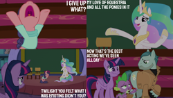 Size: 2000x1125 | Tagged: safe, derpibooru import, edit, edited screencap, editor:quoterific, screencap, on stage, princess celestia, raspberry beret, spike, twilight sparkle, twilight sparkle (alicorn), alicorn, horse play, chair, chalkboard, clipboard, crying, quill, school of friendship, stage, wavy mouth