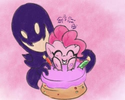 Size: 935x751 | Tagged: safe, artist:fipoki, derpibooru import, pinkie pie, earth pony, pony, cake, eyes closed, female, food, mare, signature, smiling, snatcher