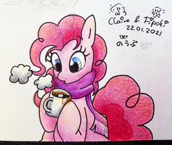 Size: 1122x946 | Tagged: safe, artist:fipoki, derpibooru import, pinkie pie, earth pony, pony, 2021, chocolate, clothes, cute, diapinkes, female, food, hoof hold, hot chocolate, mare, marshmallow, mug, old art, scarf, signature, simple background, solo, traditional art, white background